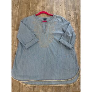 J. Jill Denim Tunic Women XL Blue Boho Embroidered Crochet Trim Chambray